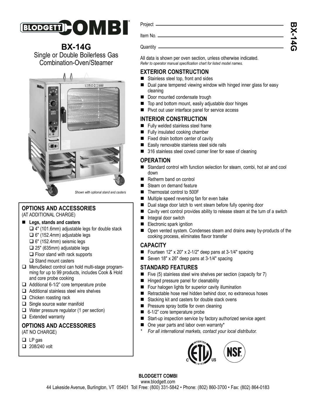 Blodgett BC-14G warranty Options and Accessories, Exterior Construction, Interior Construction, Operation, Capacity 