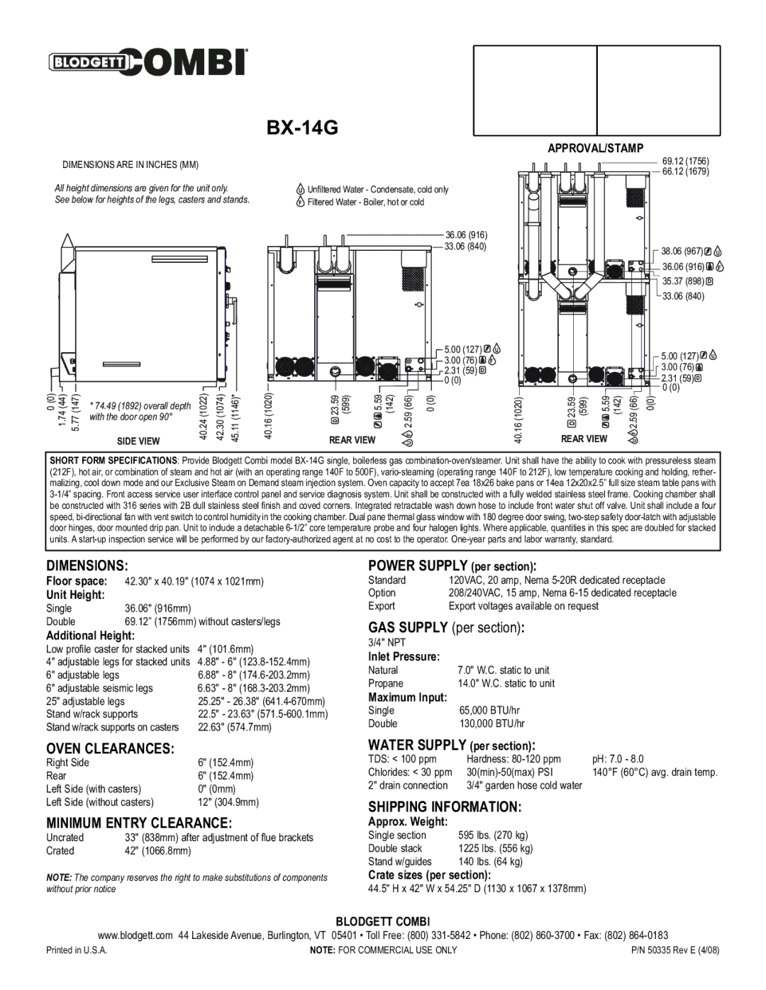 Blodgett BC-14G warranty Dimensions, Oven Clearances, Shipping Information Minimum Entry Clearance 