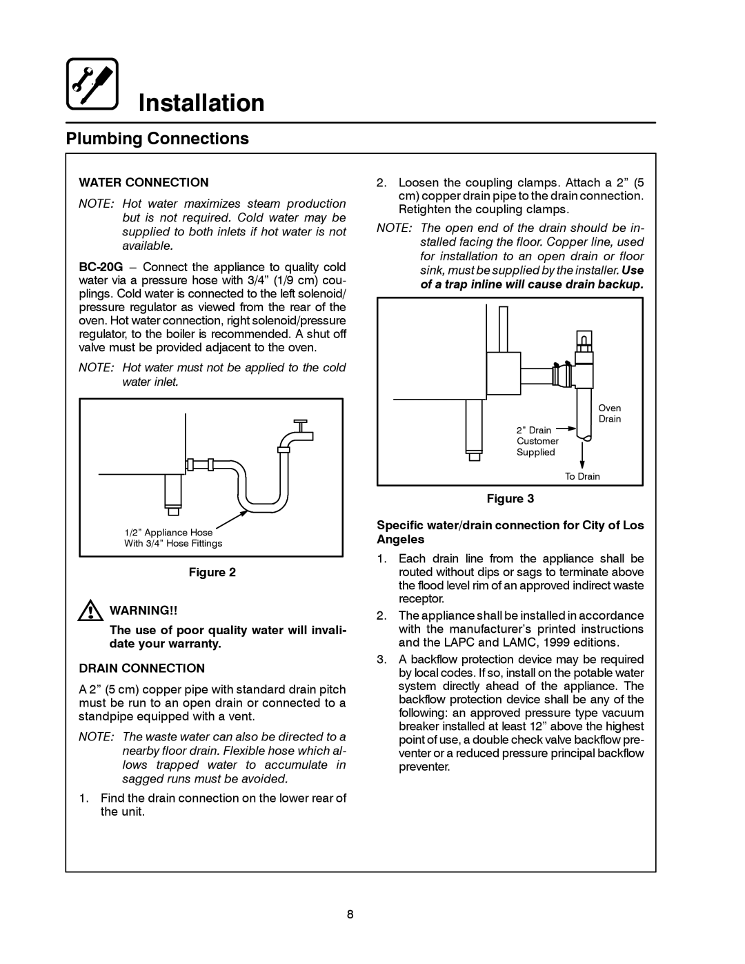 Blodgett BC-20G manual Plumbing Connections, Water Connection, Use of poor quality water will invali- date your warranty 