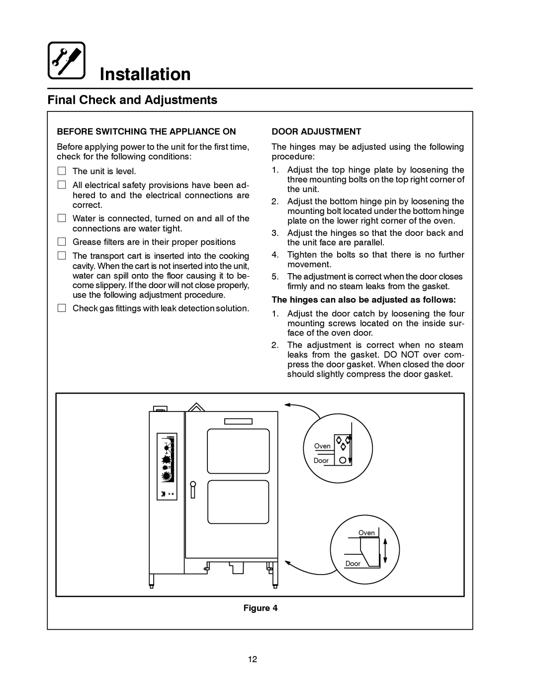 Blodgett BC-20G manual Final Check and Adjustments, Before Switching the Appliance on, Door Adjustment 