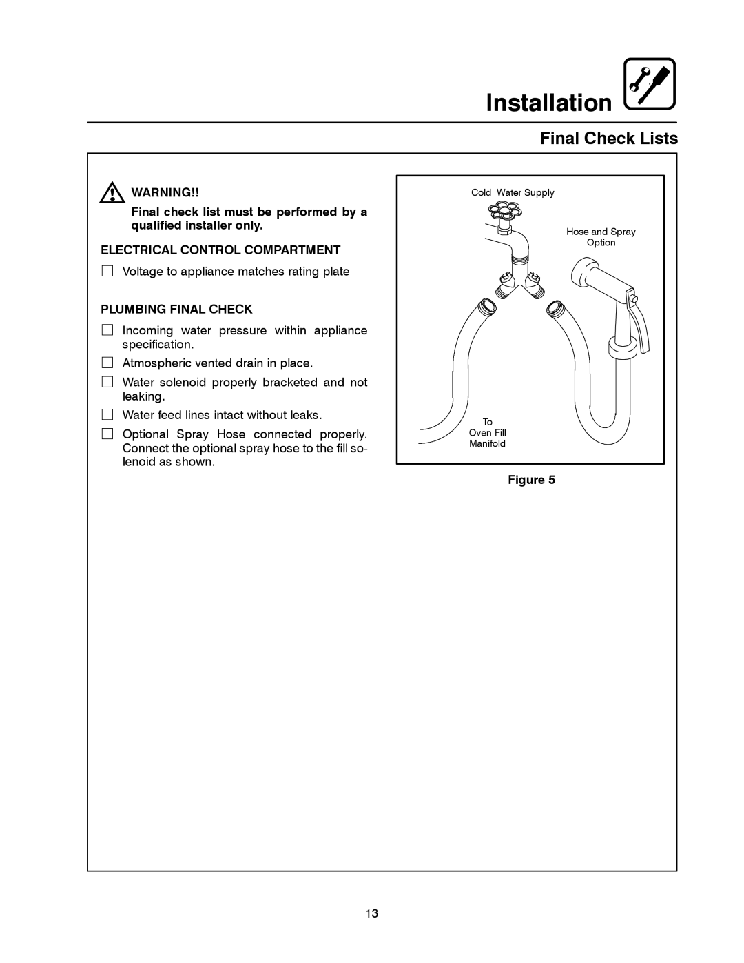 Blodgett BC-20G manual Final Check Lists, Electrical Control Compartment, Plumbing Final Check 