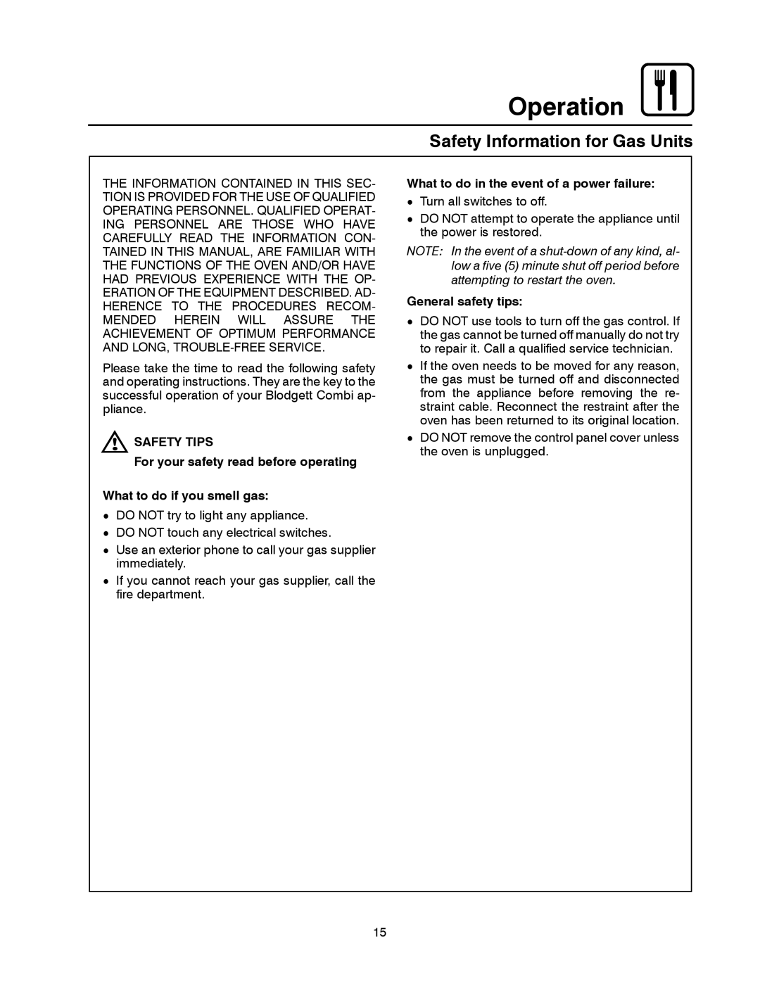 Blodgett BC-20G manual Safety Information for Gas Units, Safety Tips, What to do in the event of a power failure 