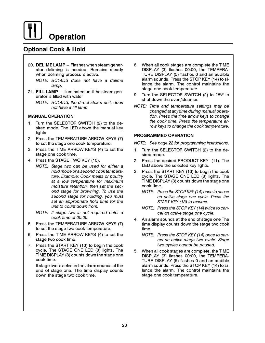 Blodgett BC-20G manual Manual Operation, Programmed Operation 