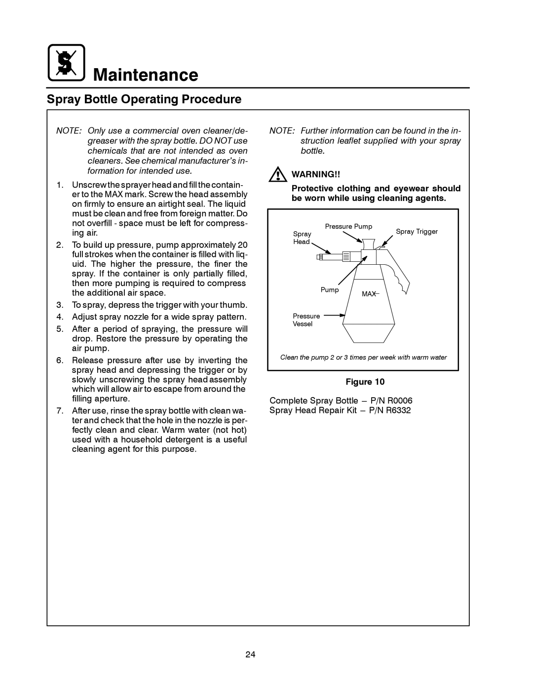 Blodgett BC-20G manual Maintenance, Spray Bottle Operating Procedure 