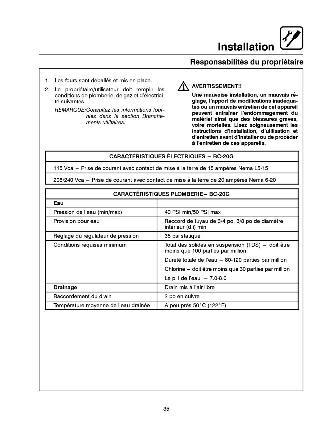 Blodgett manual Responsabilités du propriétaire, Avertissement, Caractéristiques Électriques -- BC-20G, Eau 