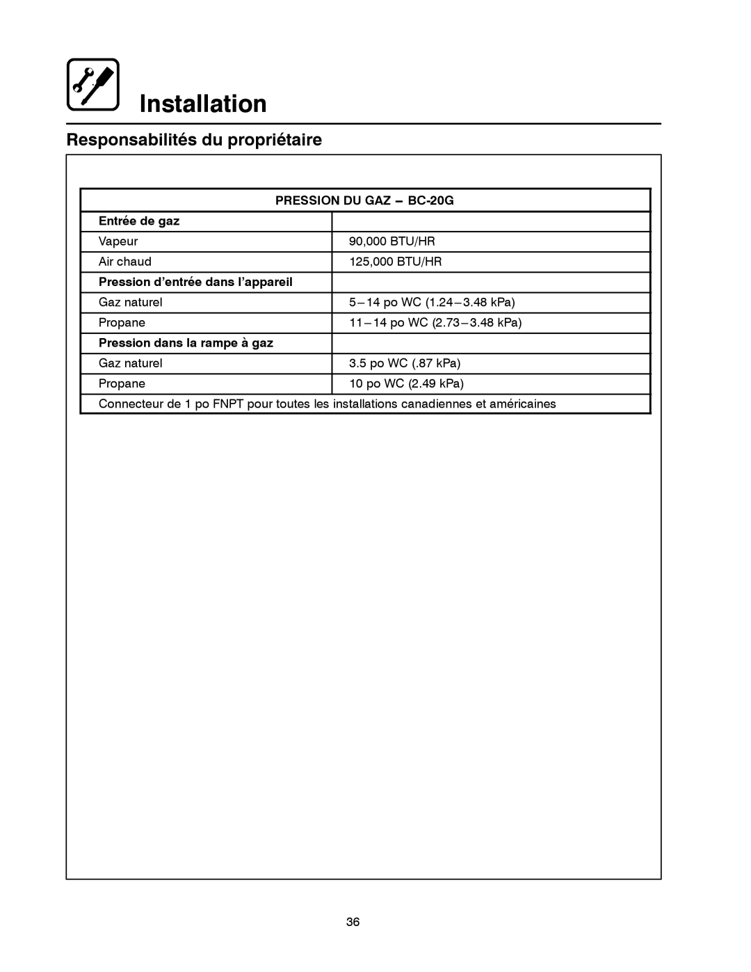 Blodgett Pression DU GAZ -- BC-20G, Entrée de gaz, Pression d’entrée dans l’appareil, Pression dans la rampe à gaz 