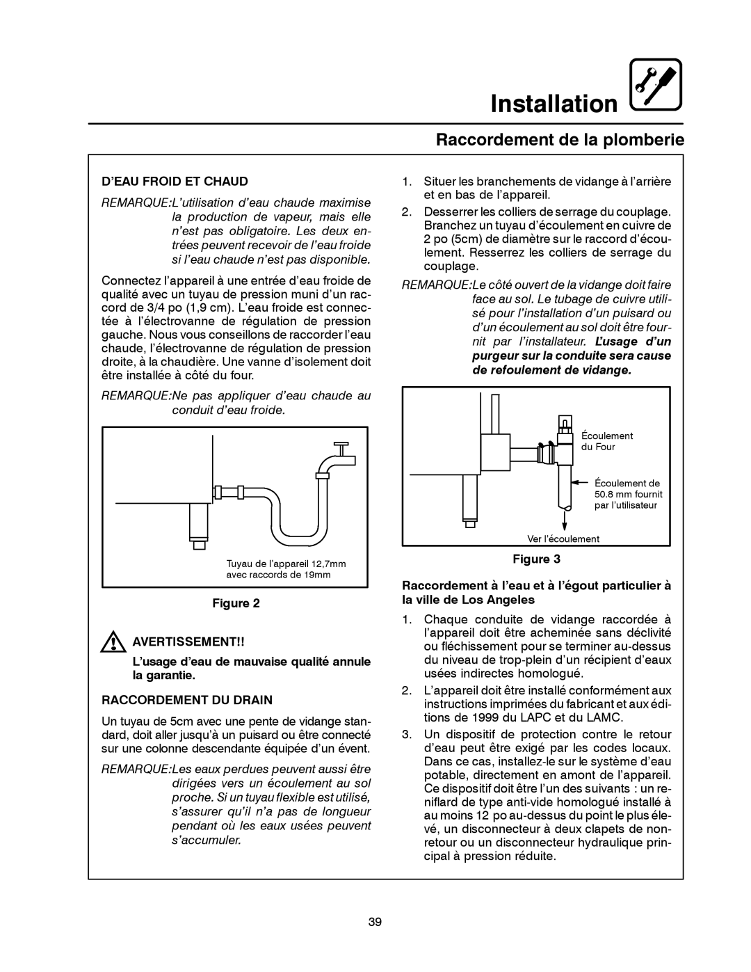 Blodgett BC-20G Raccordement de la plomberie, ’EAU Froid ET Chaud, ’usage d’eau de mauvaise qualité annule la garantie 