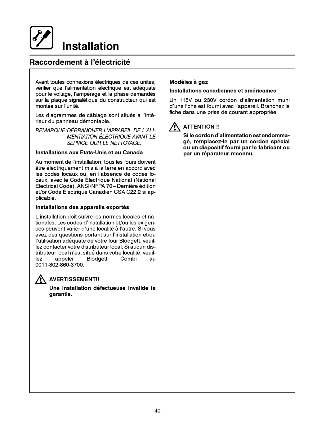 Blodgett BC-20G manual Raccordement à l’électricité 