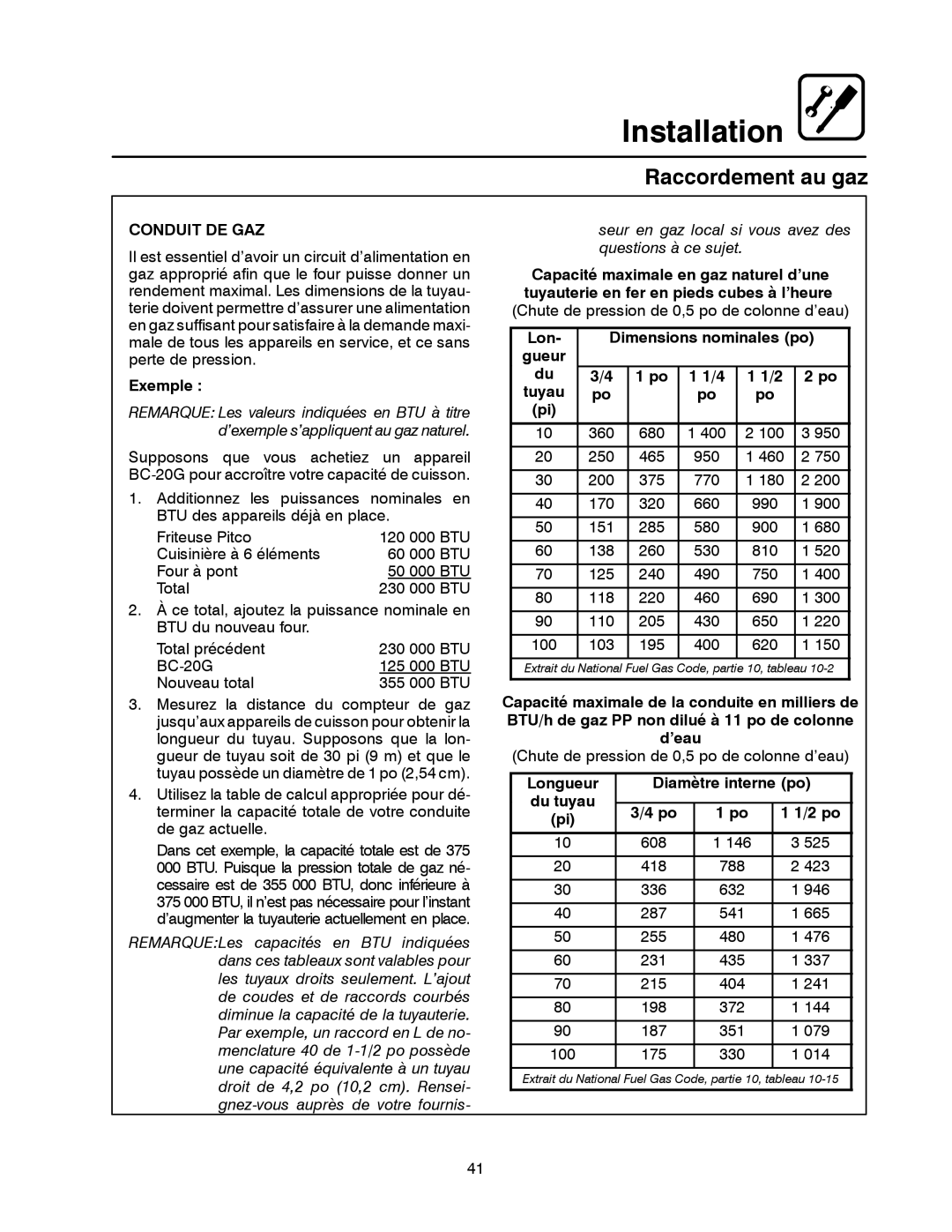 Blodgett BC-20G manual Raccordement au gaz, Conduit DE GAZ, Exemple, Longueur Diamètre interne po Du tuyau 2 po 