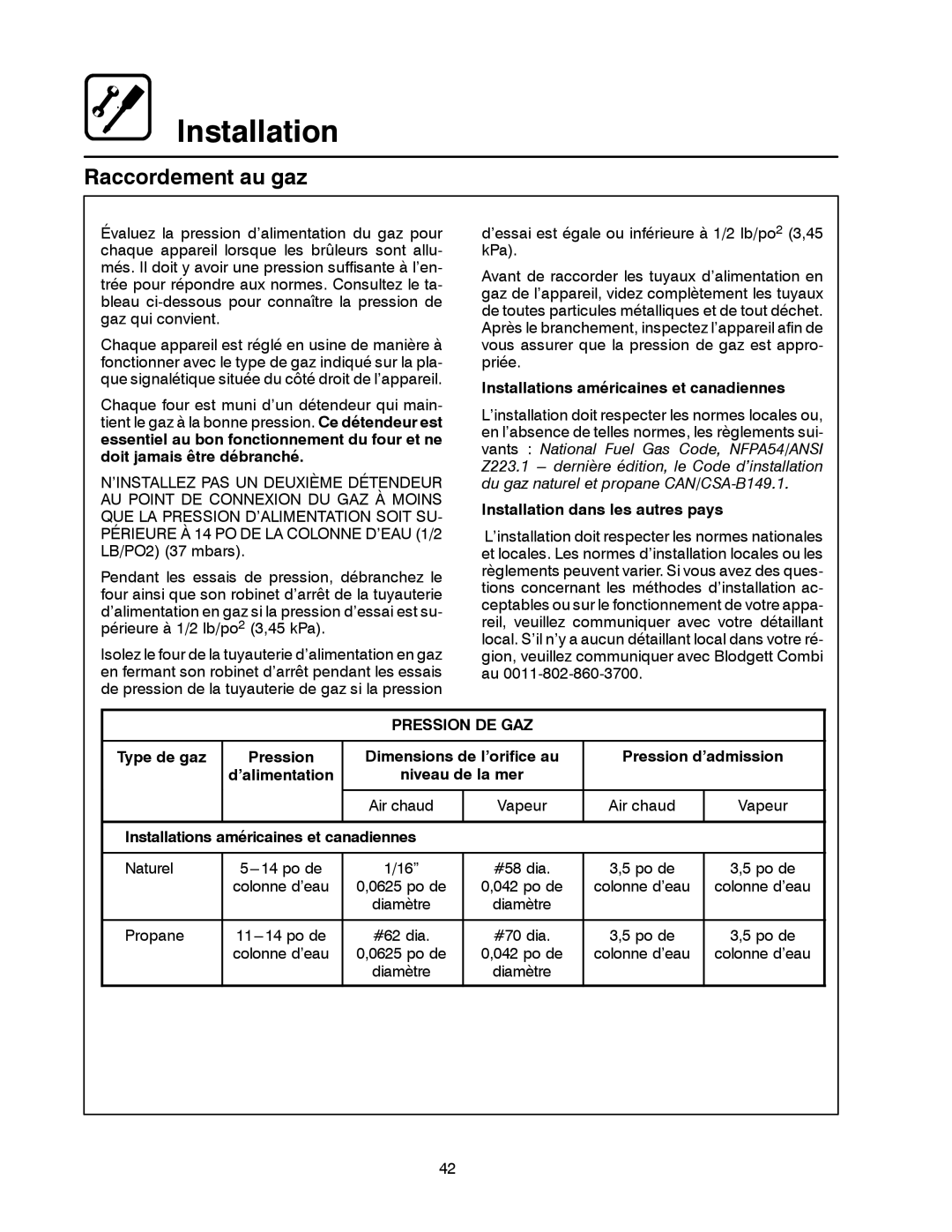 Blodgett BC-20G manual Installations américaines et canadiennes, Installation dans les autres pays, Pression DE GAZ 