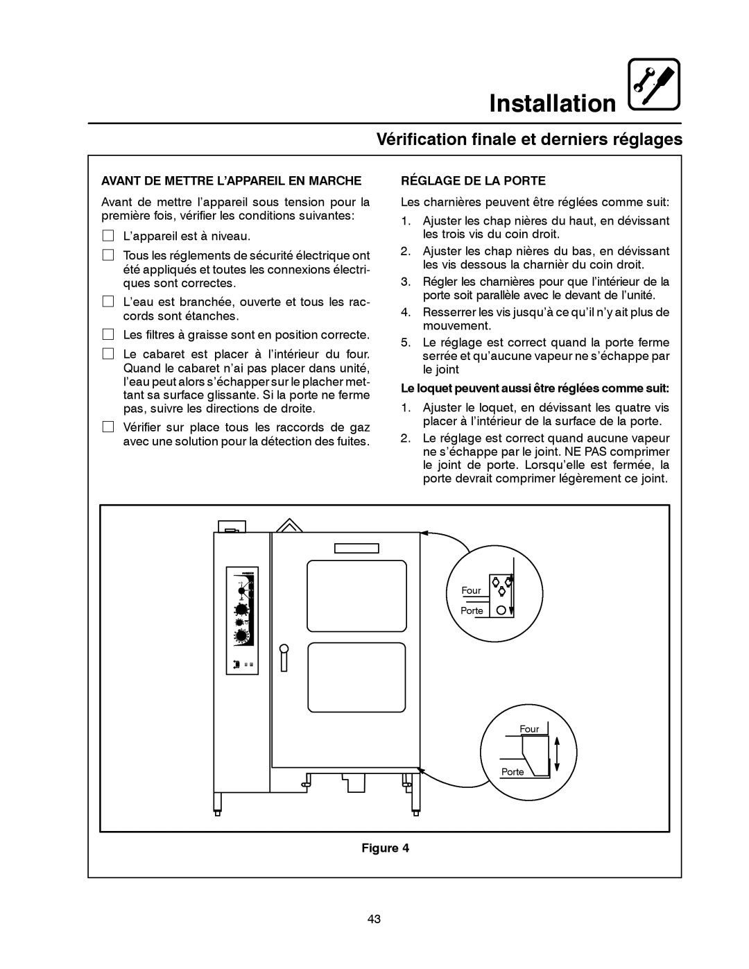 Blodgett BC-20G manual Vérification finale et derniers réglages, Avant DE Mettre L’APPAREIL EN Marche, Réglage DE LA Porte 