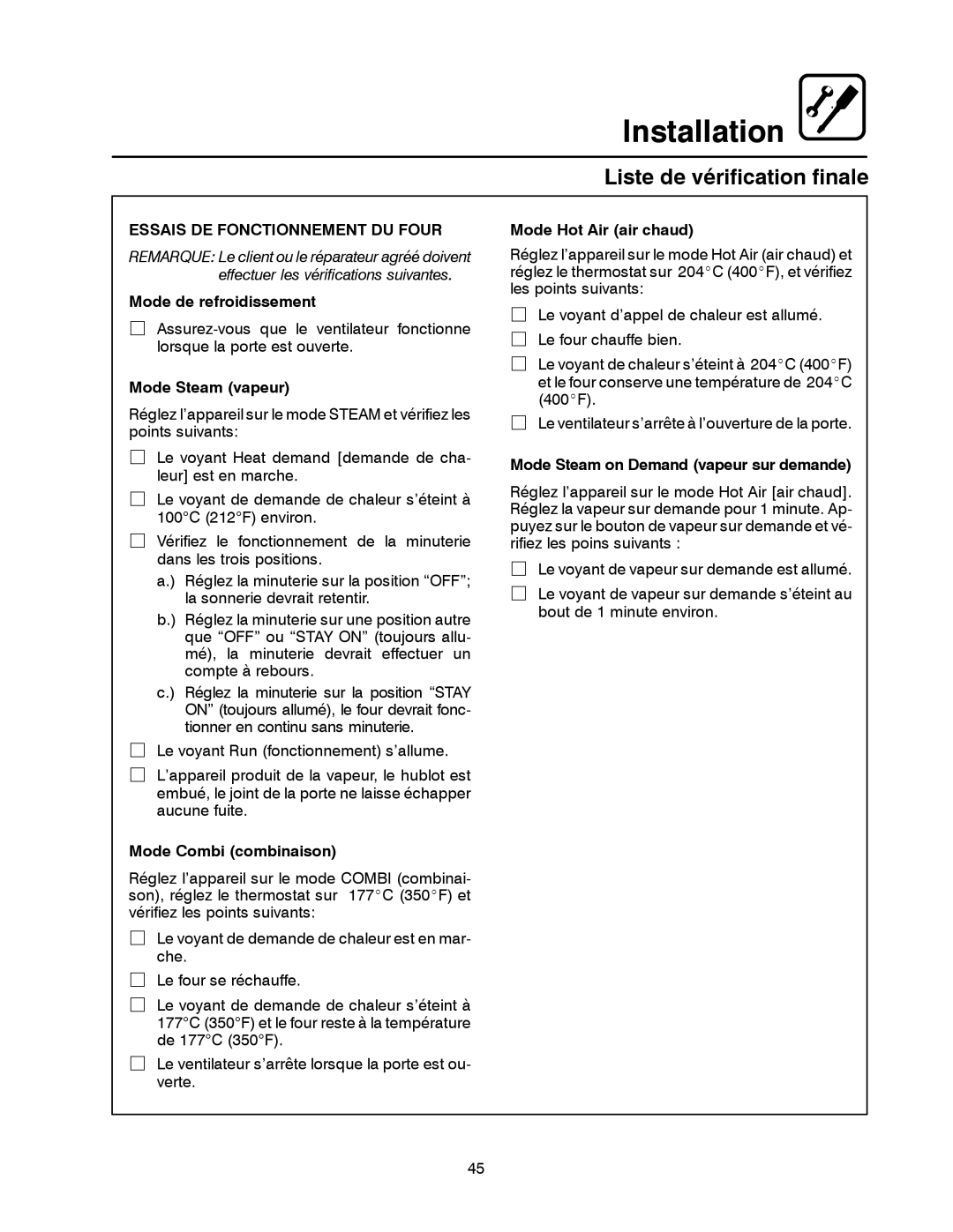 Blodgett BC-20G manual Liste de vérification finale, Essais DE Fonctionnement DU Four 