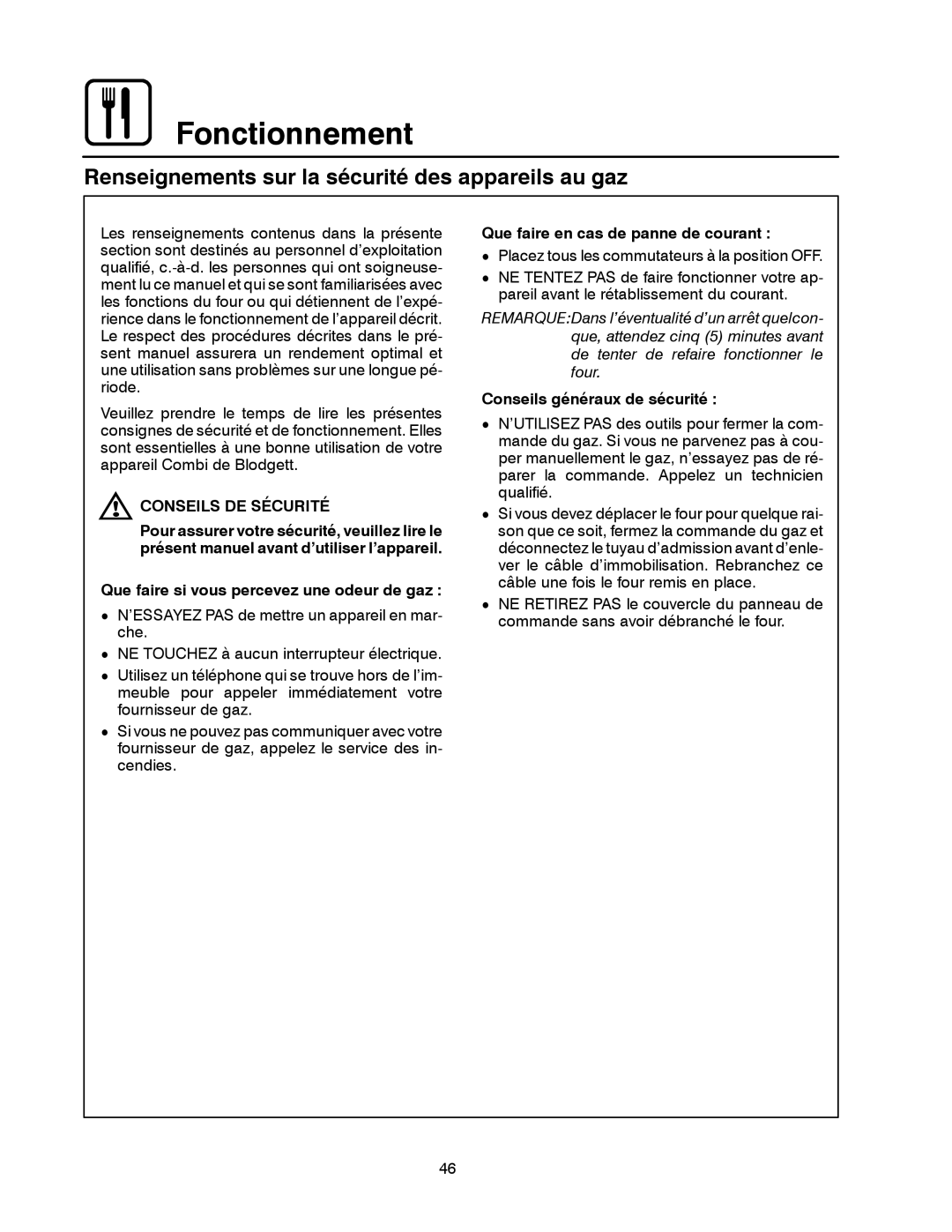 Blodgett BC-20G Renseignements sur la sécurité des appareils au gaz, Conseils DE Sécurité, Conseils généraux de sécurité 