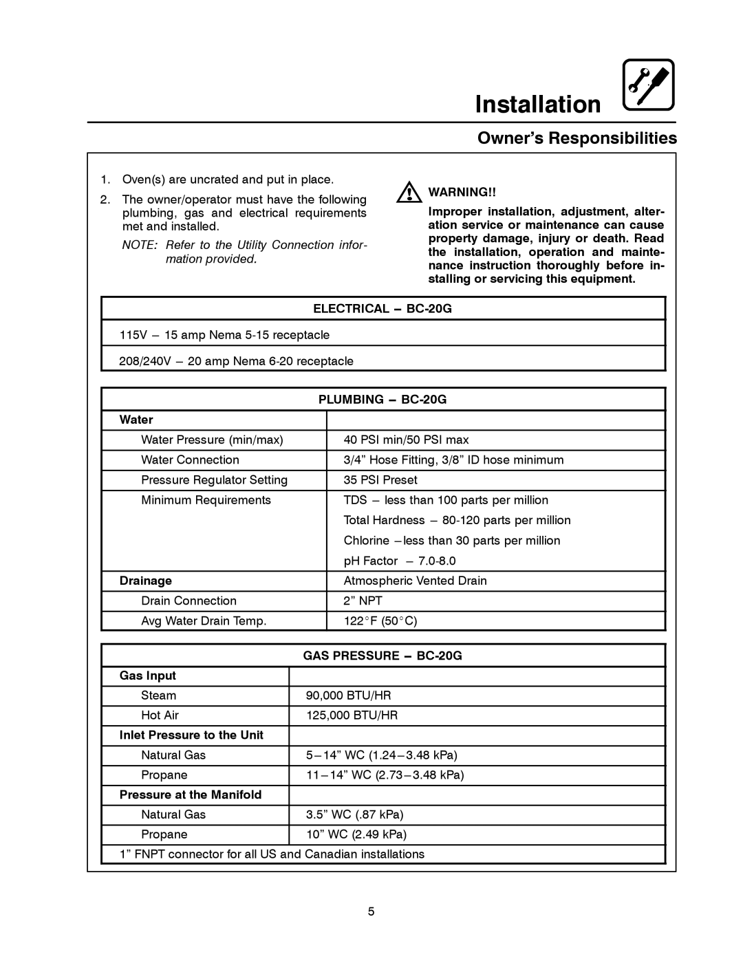 Blodgett manual Owner’s Responsibilities, Electrical -- BC-20G, Plumbing -- BC-20G, GAS Pressure -- BC-20G 