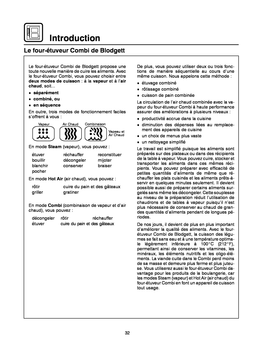 Blodgett BC-20G manual Le four-étuveur Combi de Blodgett, Introduction, deux modes de cuisson à la vapeur et à l’air 