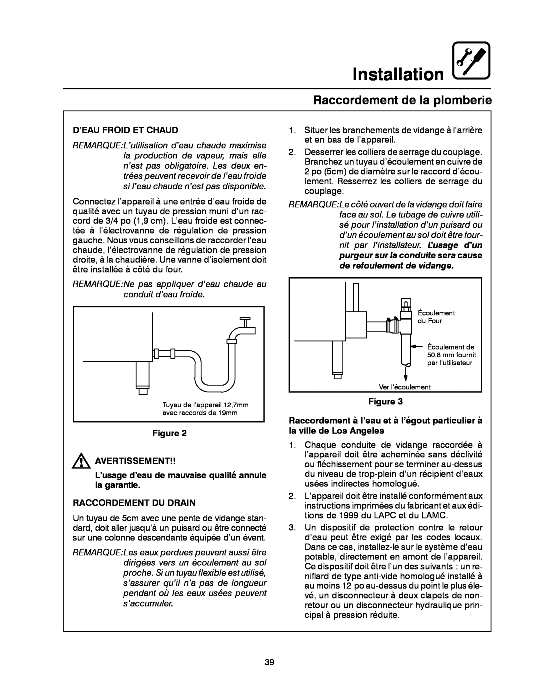 Blodgett BC-20G manual Raccordement de la plomberie, Installation, D’Eau Froid Et Chaud, Raccordement Du Drain 