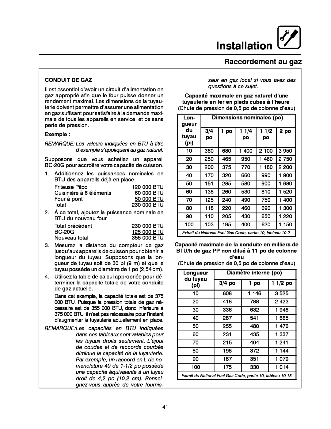 Blodgett BC-20G Raccordement au gaz, Installation, Conduit De Gaz, Exemple, Dimensions nominales po, gueur, 1 po, 1 1/4 