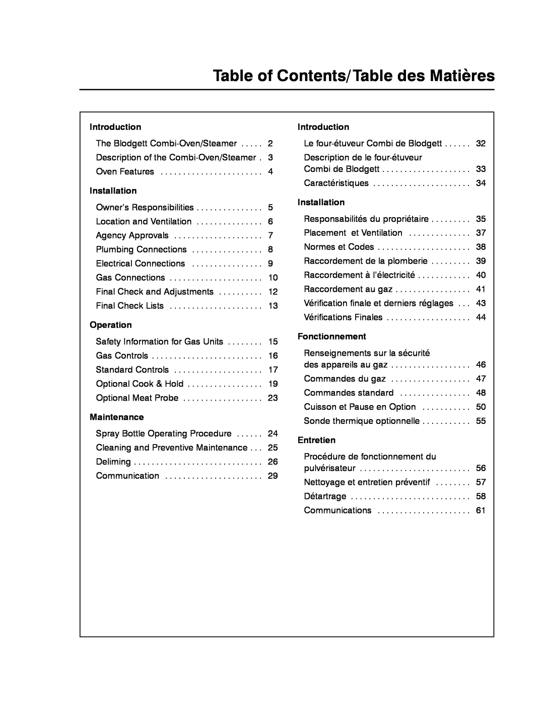Blodgett BC-20G Table of Contents/Table des Matières, Introduction, Installation, Operation, Maintenance, Fonctionnement 