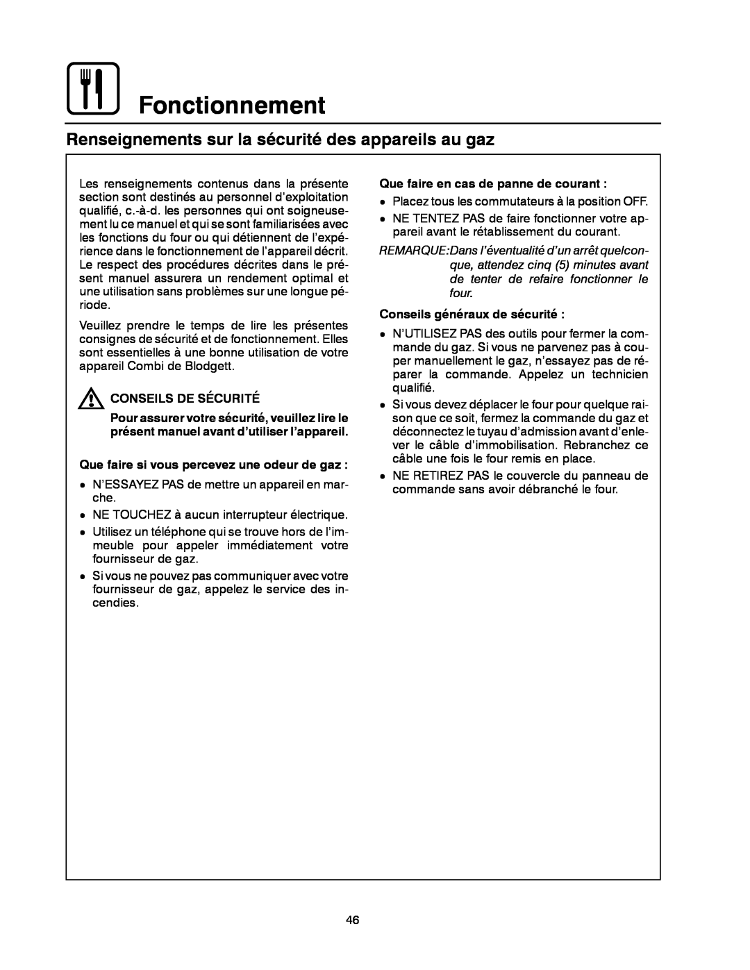 Blodgett BC-20G manual Fonctionnement, Renseignements sur la sécurité des appareils au gaz, Conseils De Sécurité 