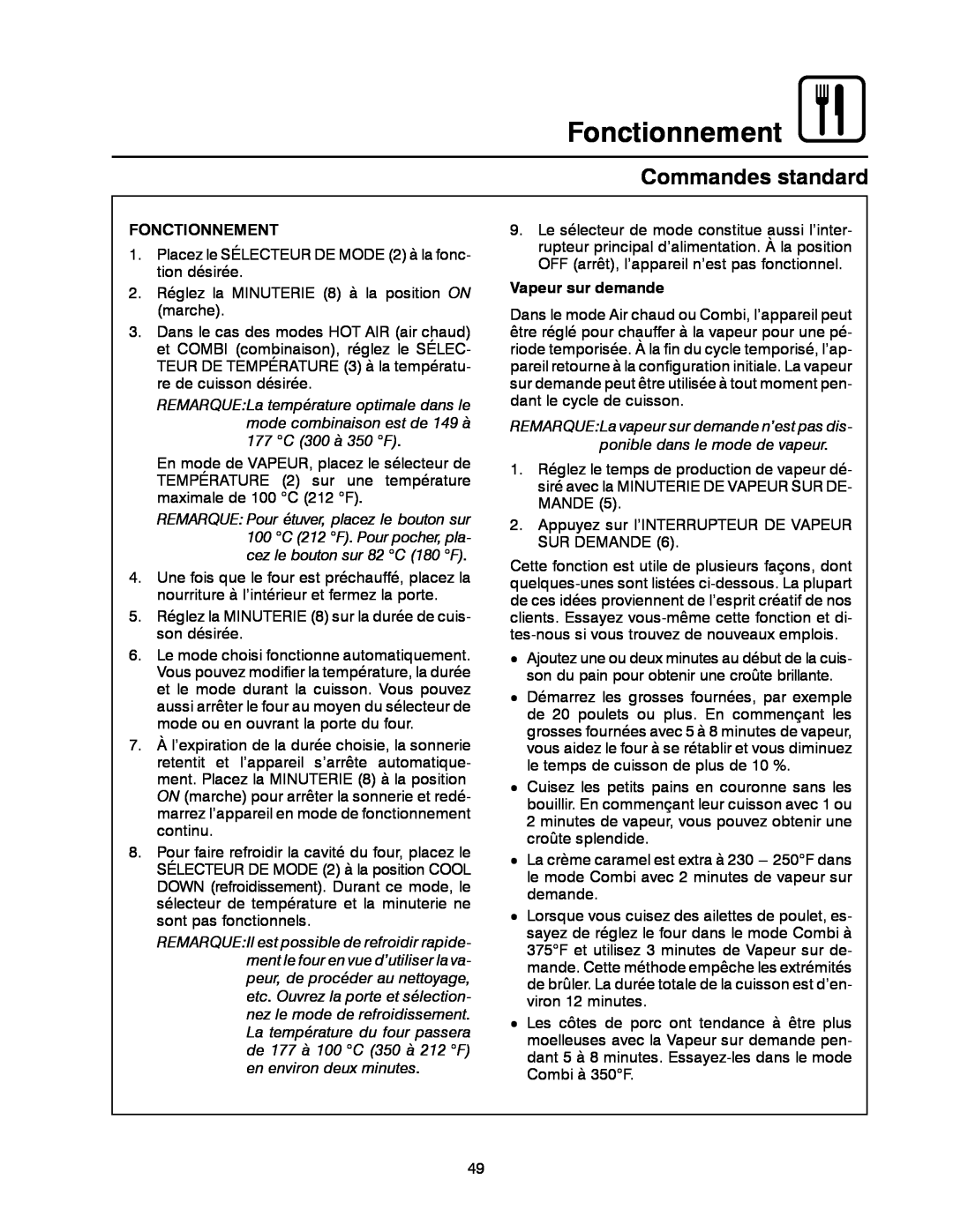 Blodgett BC-20G manual Fonctionnement, Commandes standard, Vapeur sur demande 