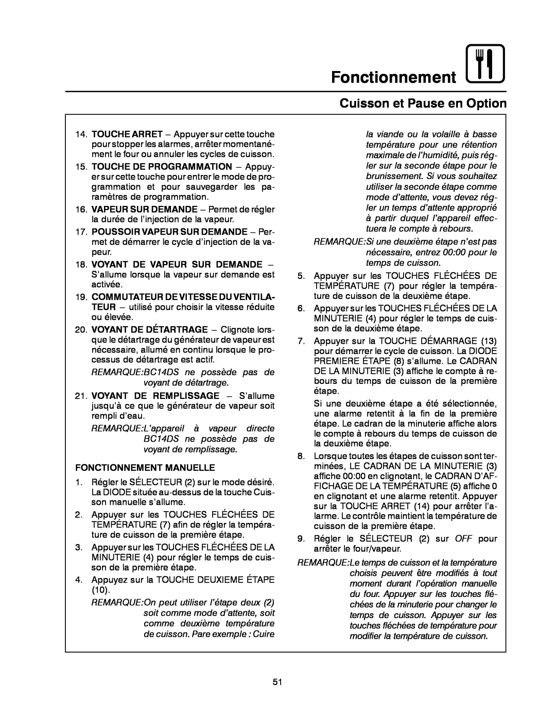 Blodgett BC-20G manual Cuisson et Pause en Option, Voyant De Vapeur Sur Demande, Fonctionnement Manuelle 