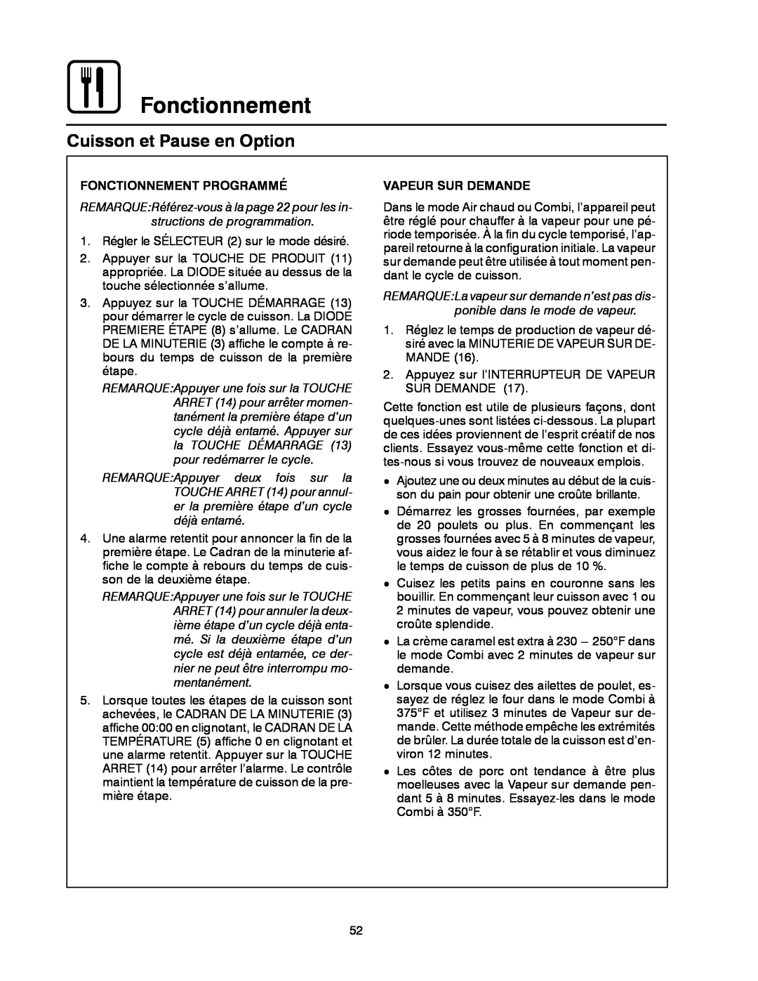 Blodgett BC-20G manual Cuisson et Pause en Option, Fonctionnement Programmé, Vapeur Sur Demande 