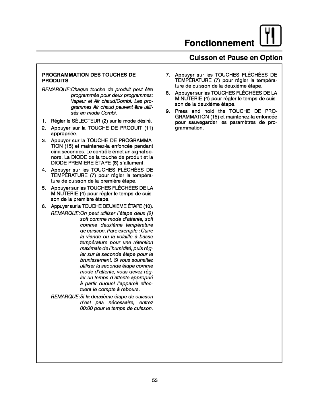 Blodgett BC-20G manual Fonctionnement, Cuisson et Pause en Option, Programmation Des Touches De Produits 