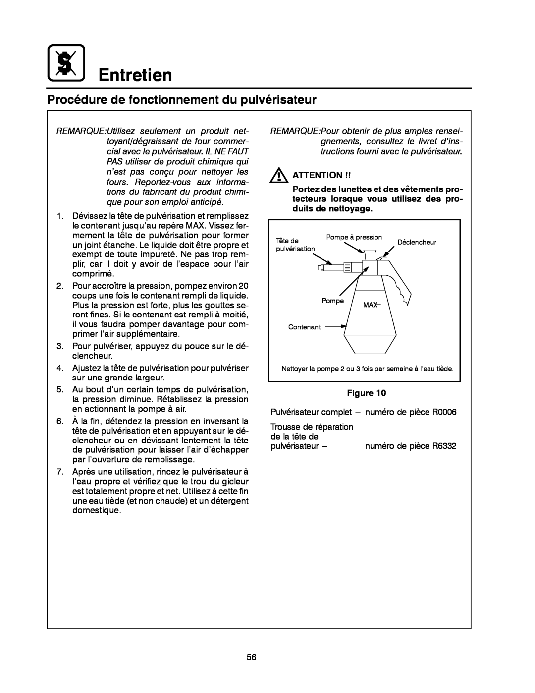 Blodgett BC-20G manual Entretien, Procédure de fonctionnement du pulvérisateur 