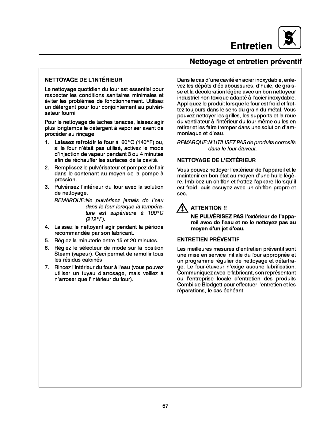 Blodgett BC-20G manual Entretien, Nettoyage et entretien préventif, Nettoyage De L’Intérieur, Nettoyage De L’Extérieur 