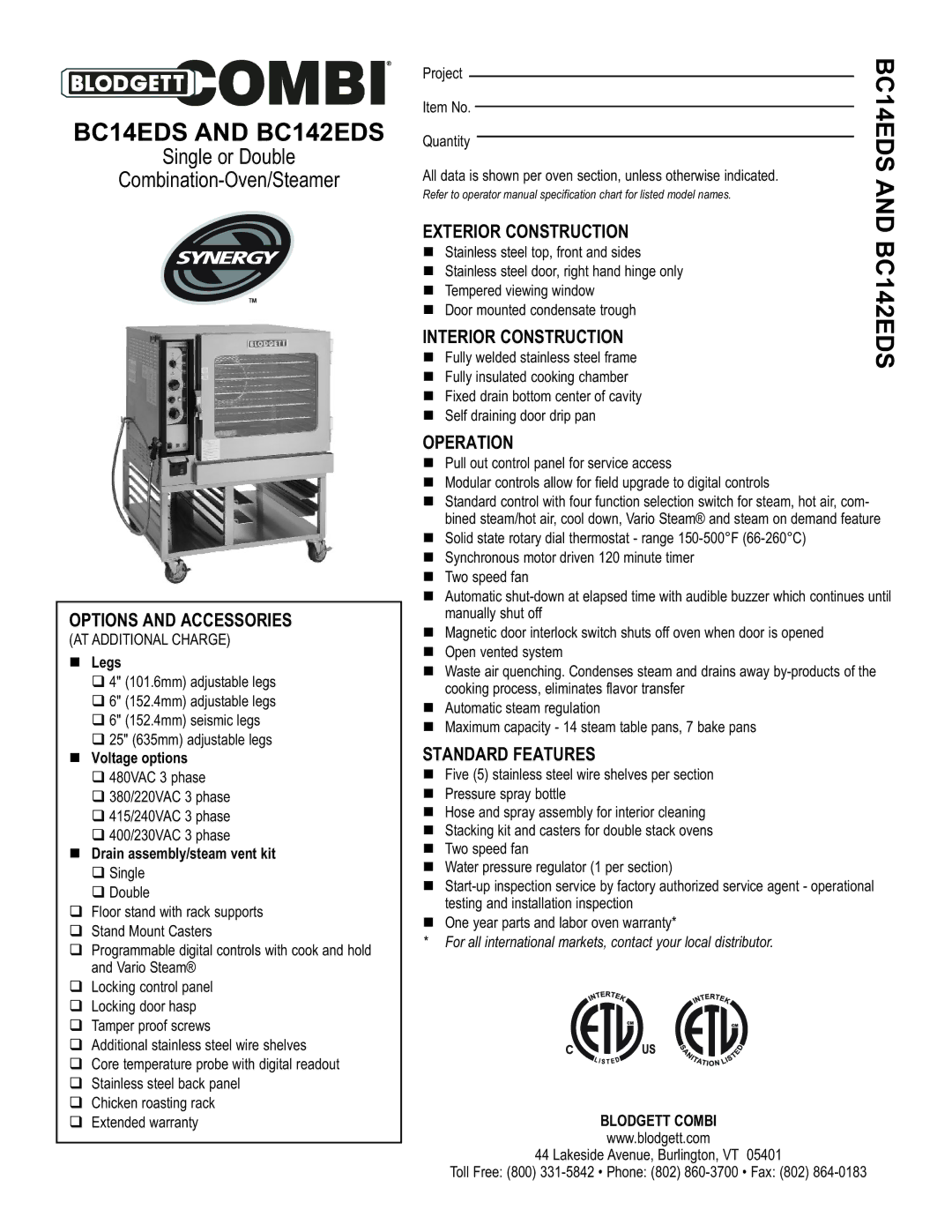 Blodgett BC14EDS, BC142EDS warranty Options and Accessories, Exterior Construction, Interior Construction, Operation 