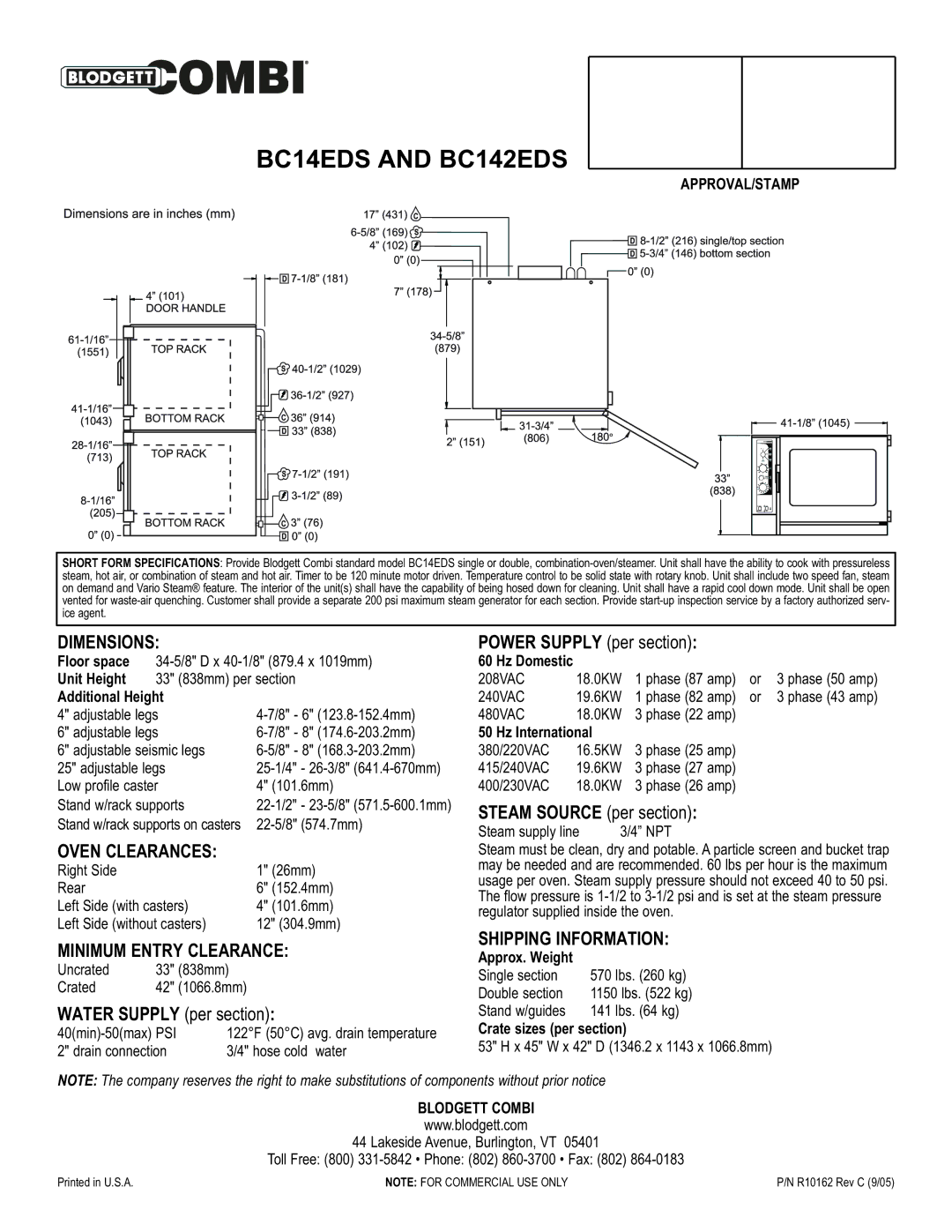 Blodgett BC142EDS, BC14EDS warranty Dimensions, Oven Clearances, Minimum Entry Clearance, Shipping Information 