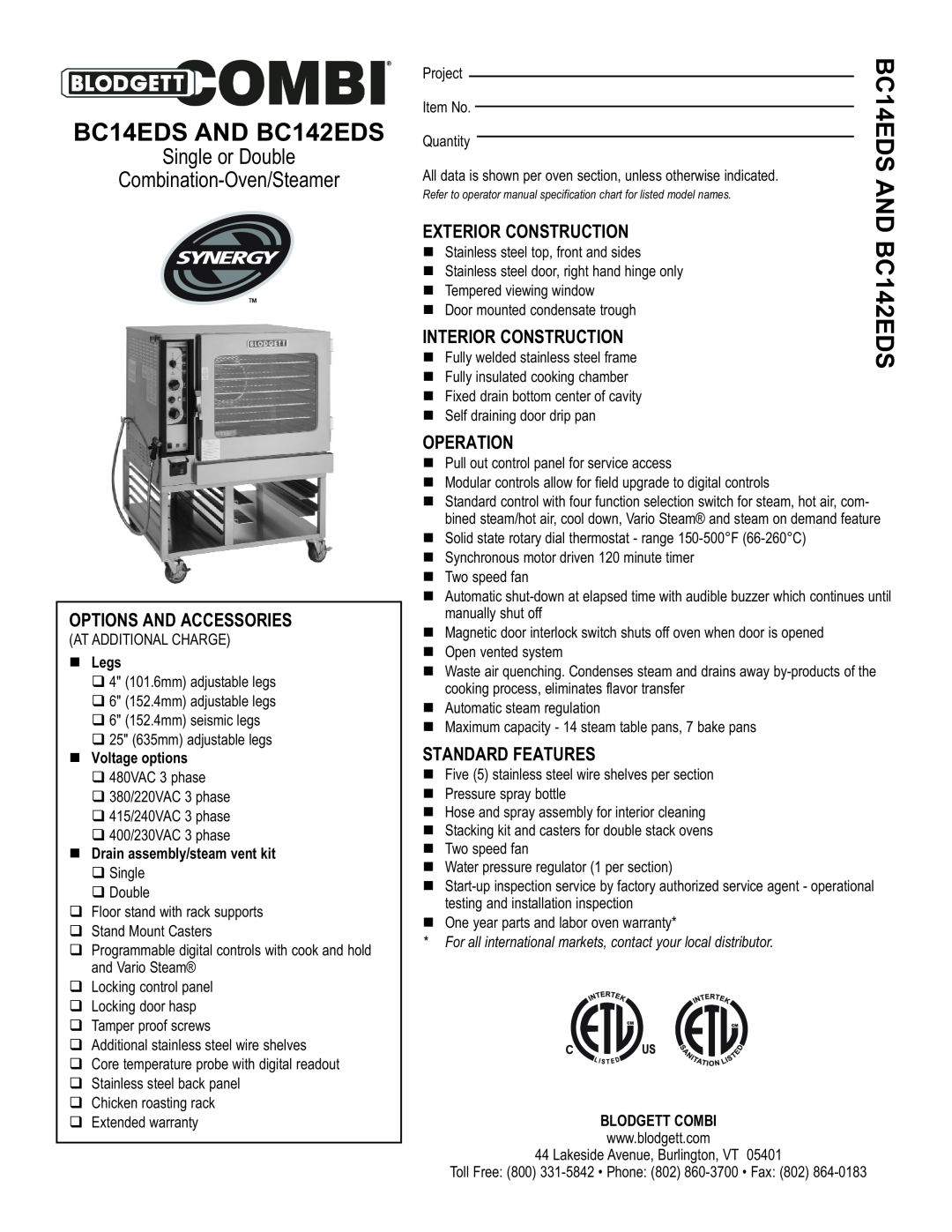 Blodgett warranty BC14EDS AND BC142EDS, Options And Accessories, Exterior Construction, Interior Construction, Legs 