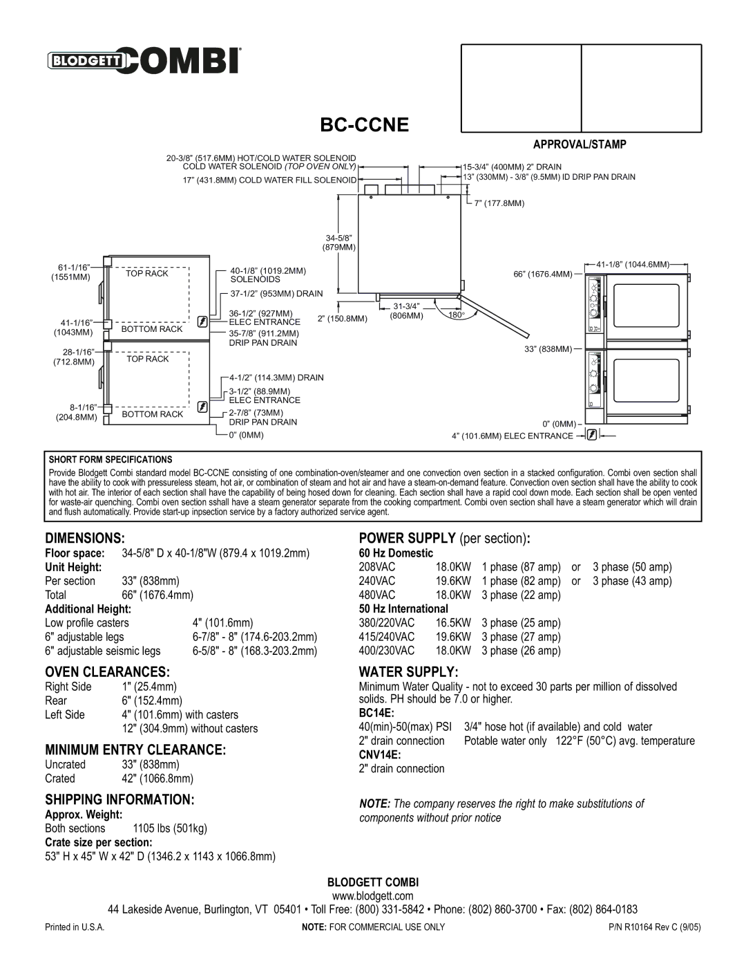 Blodgett BC-CCNE, BC14E, CN14E Dimensions, Oven Clearances, Minimum Entry Clearance, Shipping Information, Water Supply 