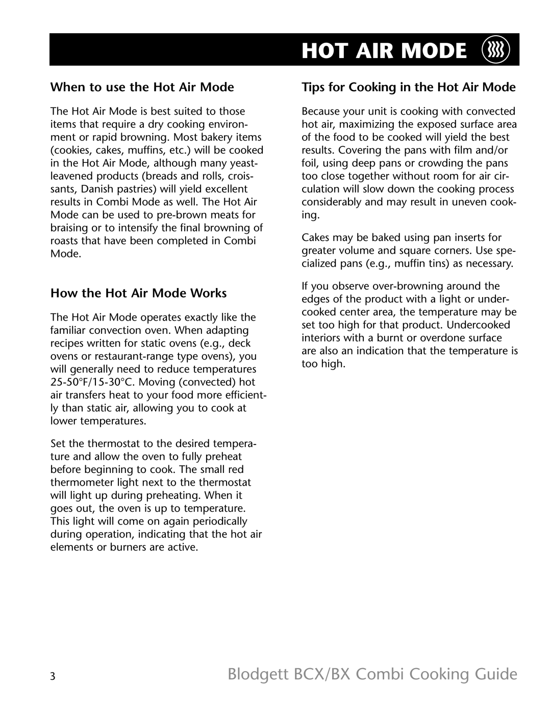 Blodgett BCX -14, BX-14 manual HOT AIR Mode, When to use the Hot Air Mode, How the Hot Air Mode Works 