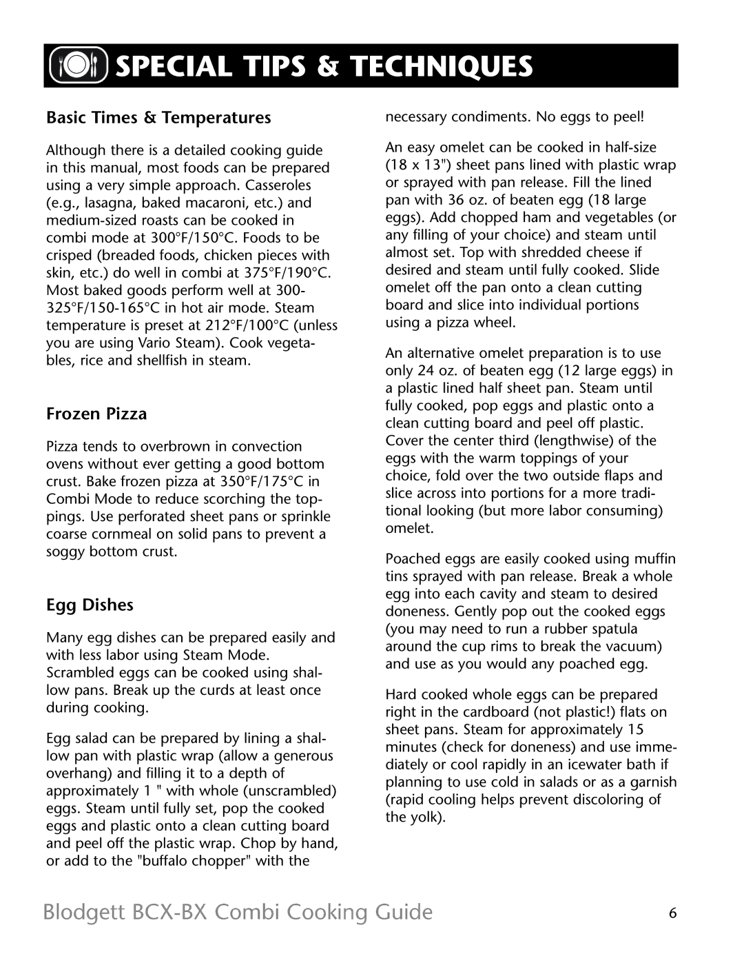 Blodgett BX-14, BCX -14 manual Special Tips & Techniques, Basic Times & Temperatures, Frozen Pizza, Egg Dishes 