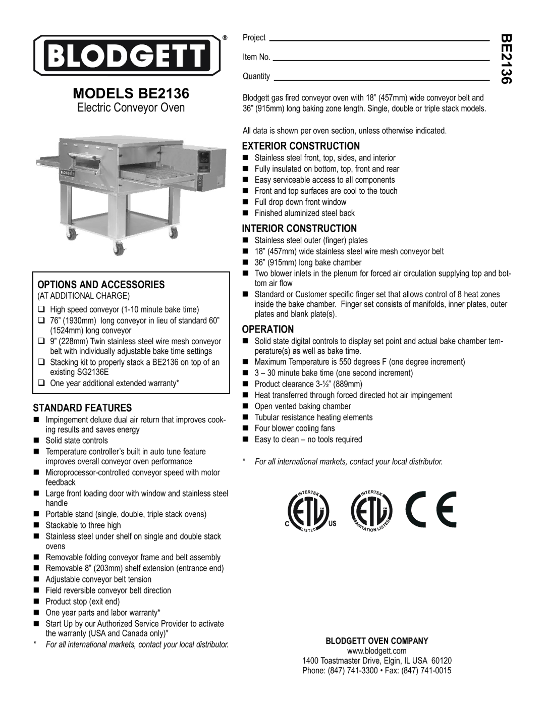 Blodgett warranty Models BE2136 