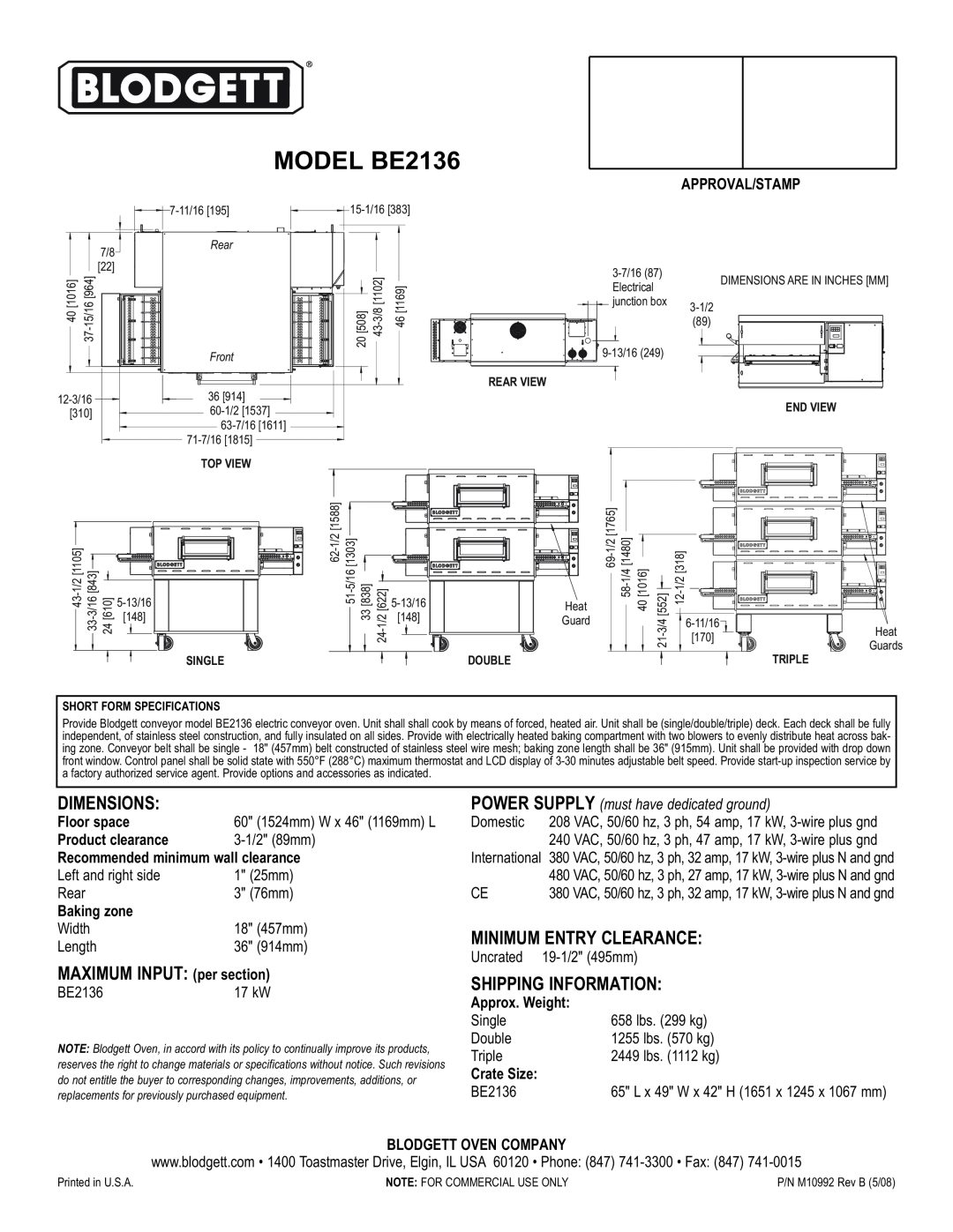 Blodgett MODEL BE2136, Dimensions, MAXIMUM INPUT per section, Minimum Entry Clearance, Shipping Information, Crate Size 