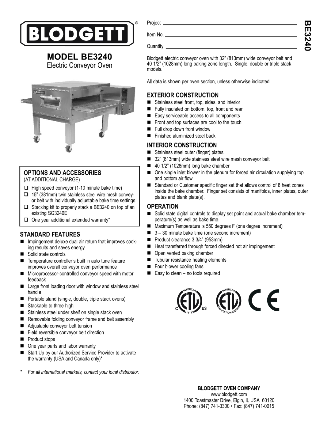 Blodgett BE3240 warranty Options and Accessories, Standard Features, Exterior Construction, Interior Construction 