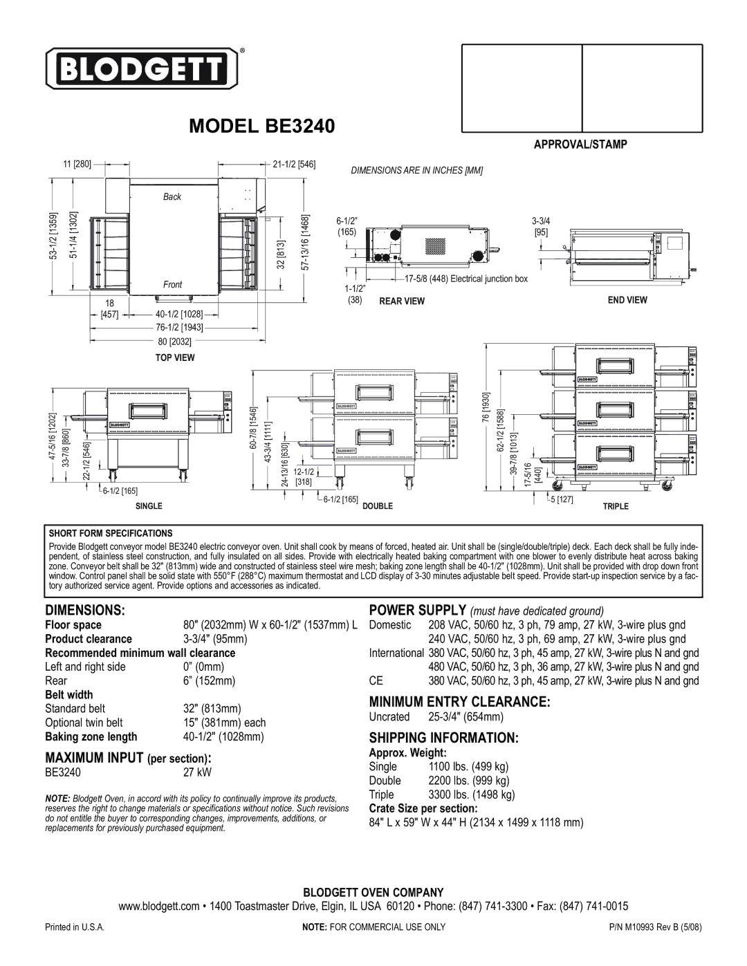 Blodgett BE3240 warranty Dimensions, Minimum Entry Clearance, Shipping Information, TOP View, Short Form Specifications 