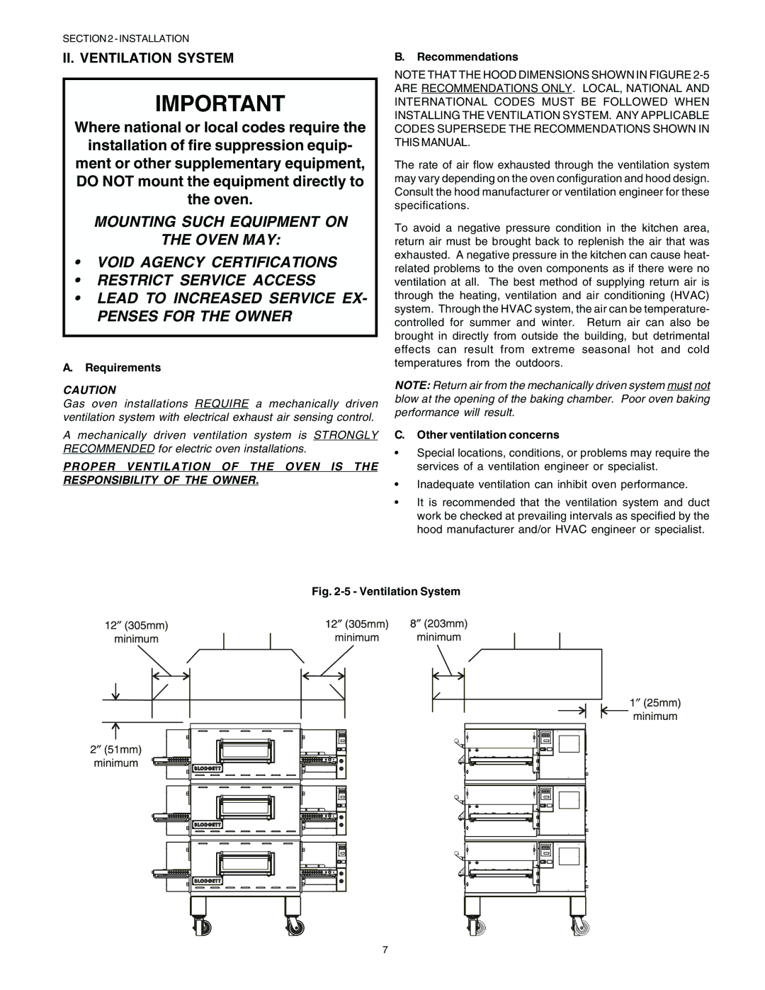 Blodgett BG2136 manual II. Ventilation System, Requirements, Other ventilation concerns 