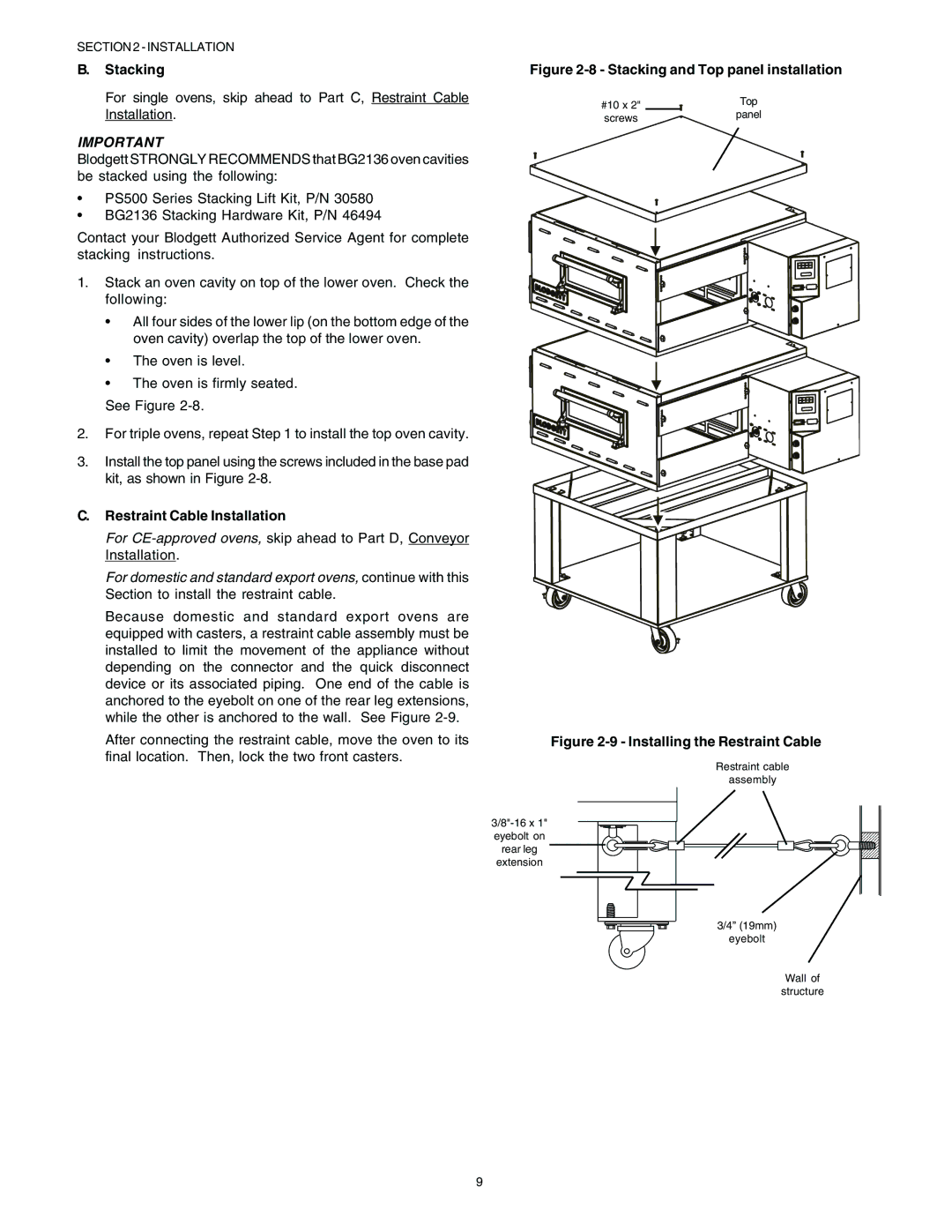 Blodgett BG2136 manual Stacking and Top panel installation 