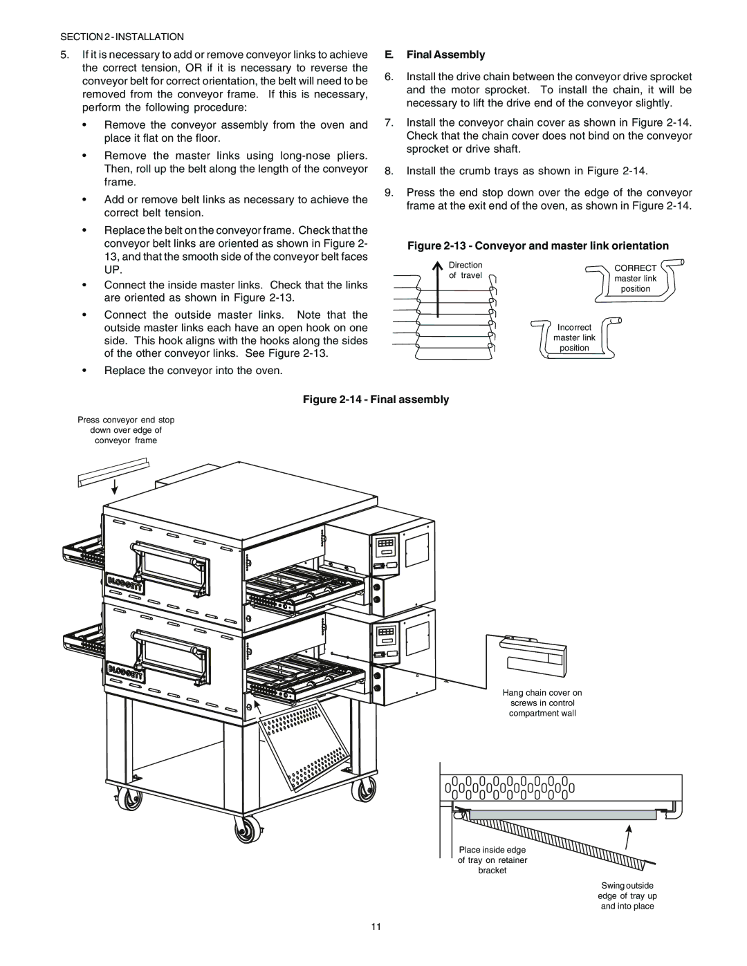 Blodgett BG2136 manual Conveyor and master link orientation 