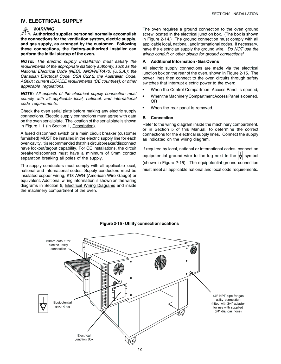 Blodgett BG2136 manual IV. Electrical Supply, Additional Information Gas Ovens 