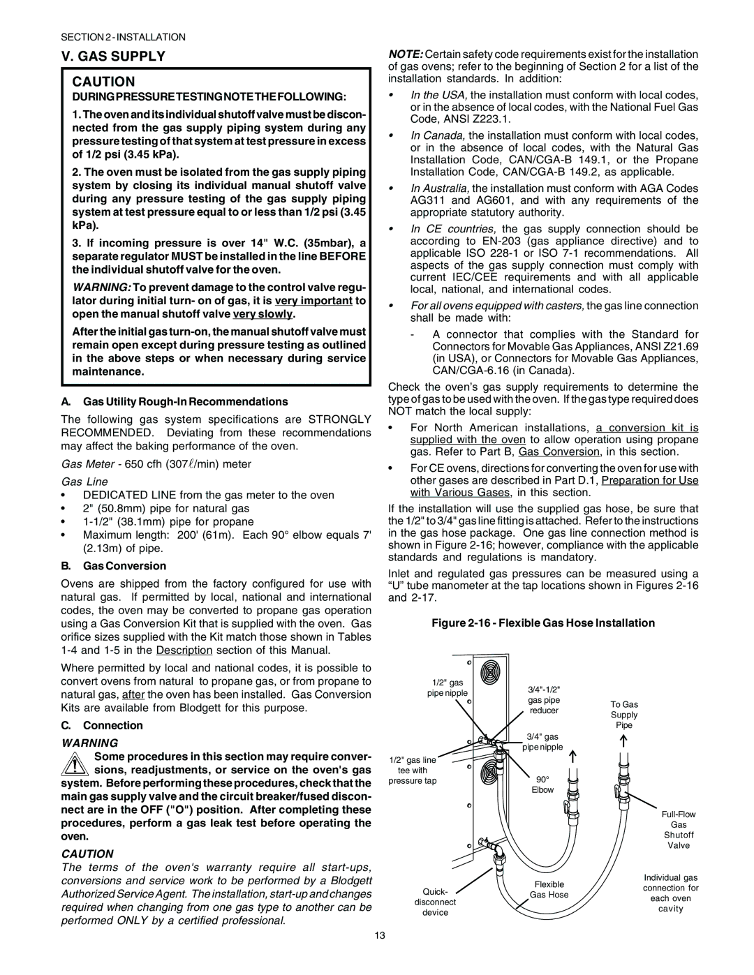 Blodgett BG2136 manual GAS Supply, During Pressure Testing Note the Following 