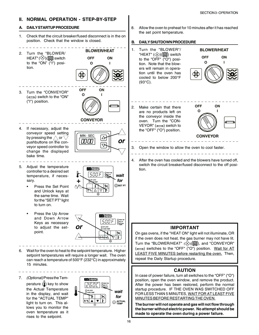 Blodgett BG2136 manual II. Normal Operation STEP-BY-STEP, Daily Startup Procedure, Daily Shutdown Procedure 