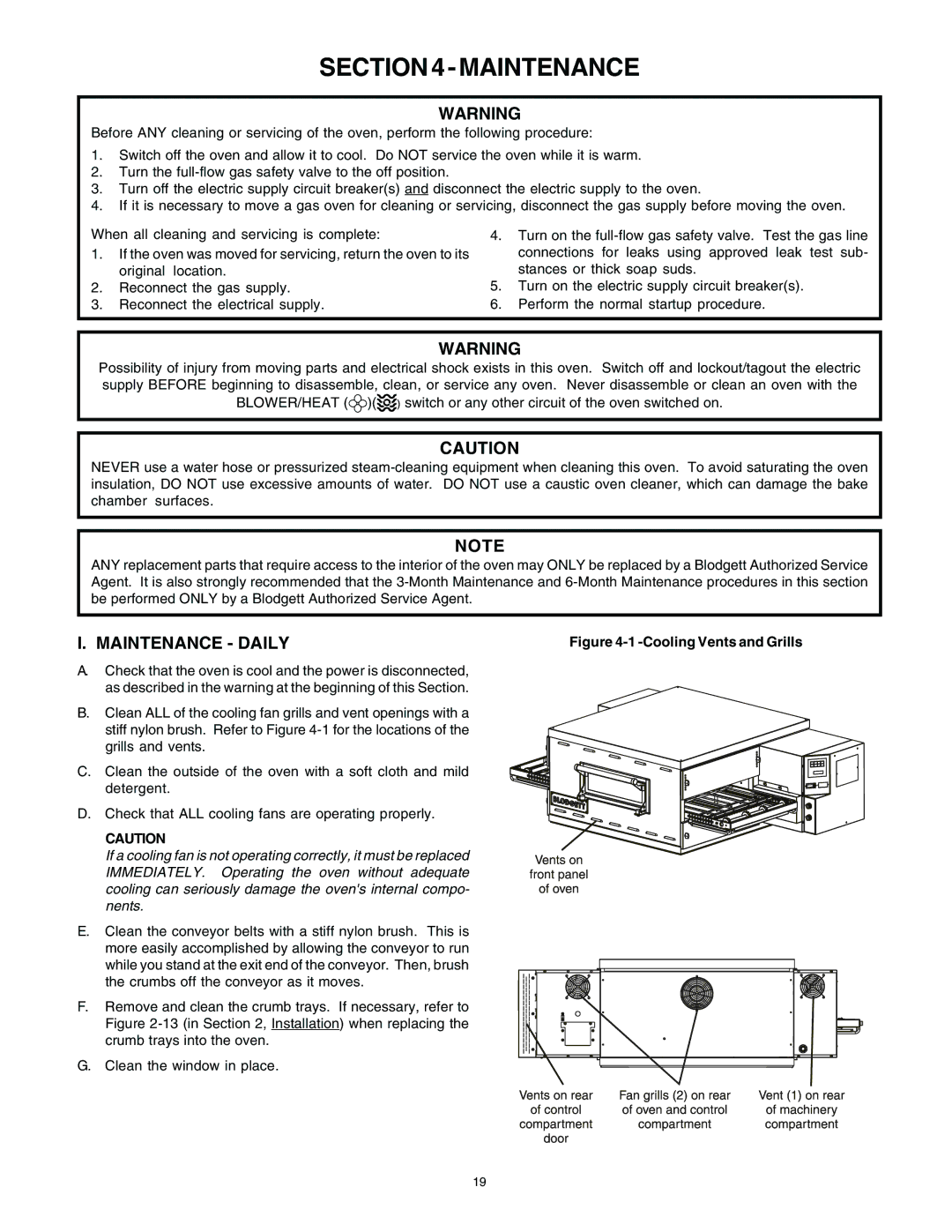 Blodgett BG2136 manual Maintenance Daily, Cooling Vents and Grills 