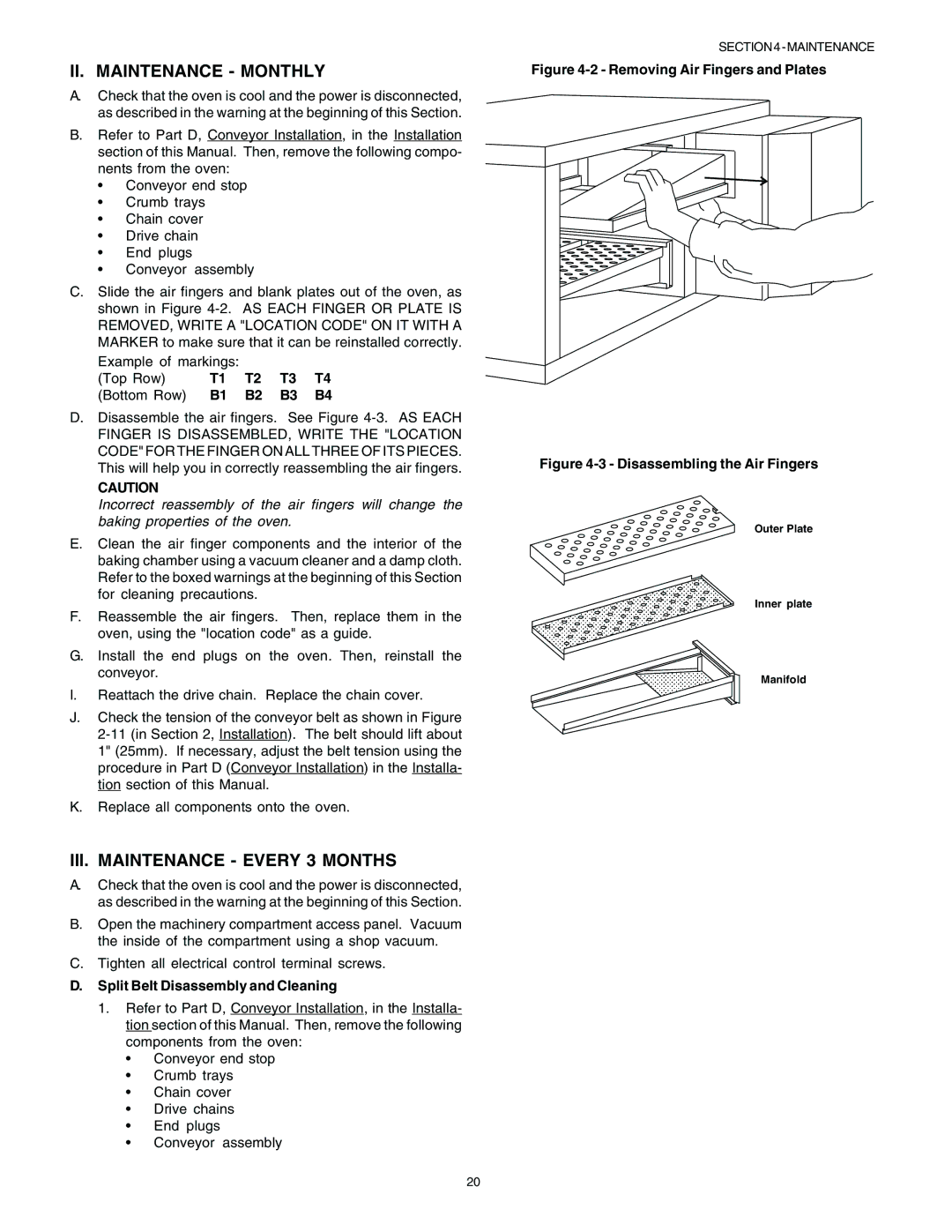 Blodgett BG2136 manual II. Maintenance Monthly, III. Maintenance Every 3 Months, Top Row T1 T2 T3 T4 