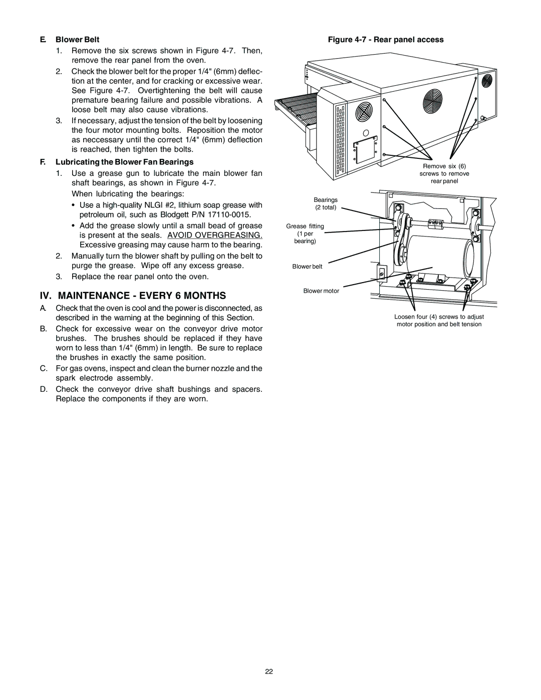 Blodgett BG2136 manual IV. Maintenance Every 6 Months, Blower Belt, Lubricating the Blower Fan Bearings 