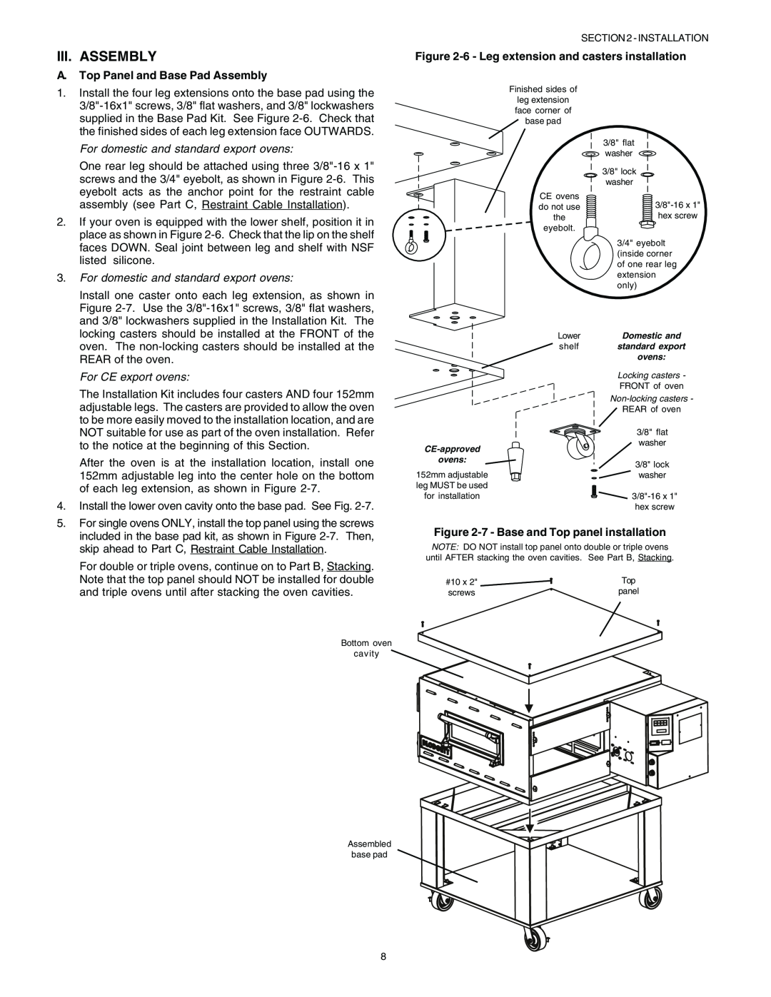 Blodgett BG2136 manual English, A. Top Panel and Base Pad Assembly, 6 - Leg extension and casters installation 