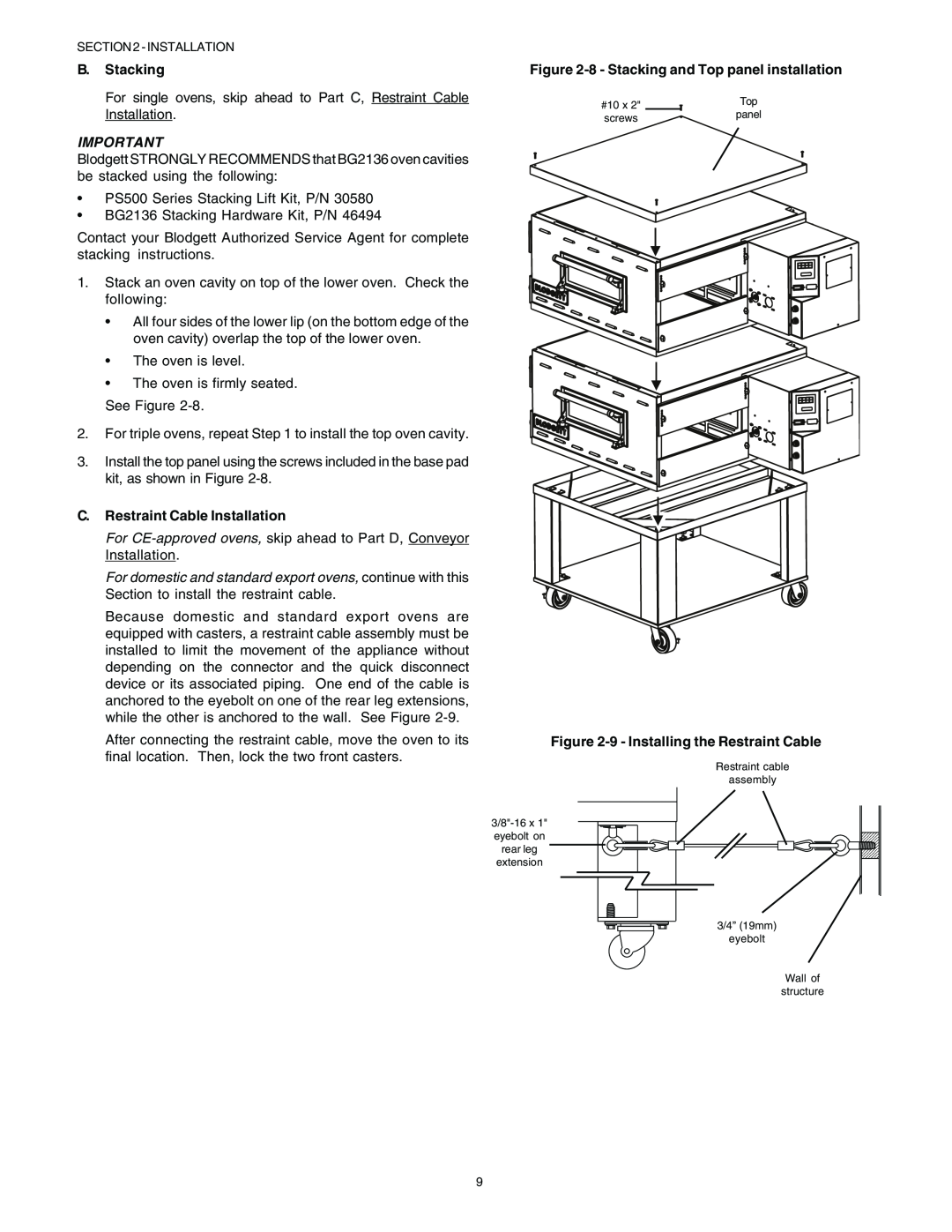 Blodgett BG2136 manual English, B. Stacking, C. Restraint Cable Installation, 8 - Stacking and Top panel installation 